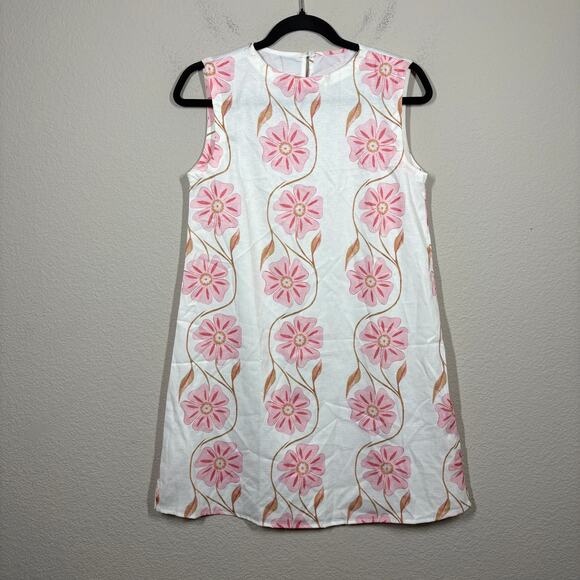 Commense Size XS Mini Shift Dress White Pink Floral Crew Neck Sleeveless Stretch - Picture 2 of 8